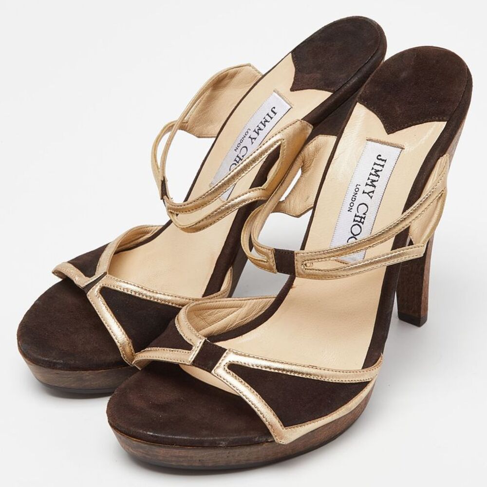 Jimmy Choo Brown/Metallic Gold Suede and Leather Strappy Platform Sandals - Picture 2 of 4
